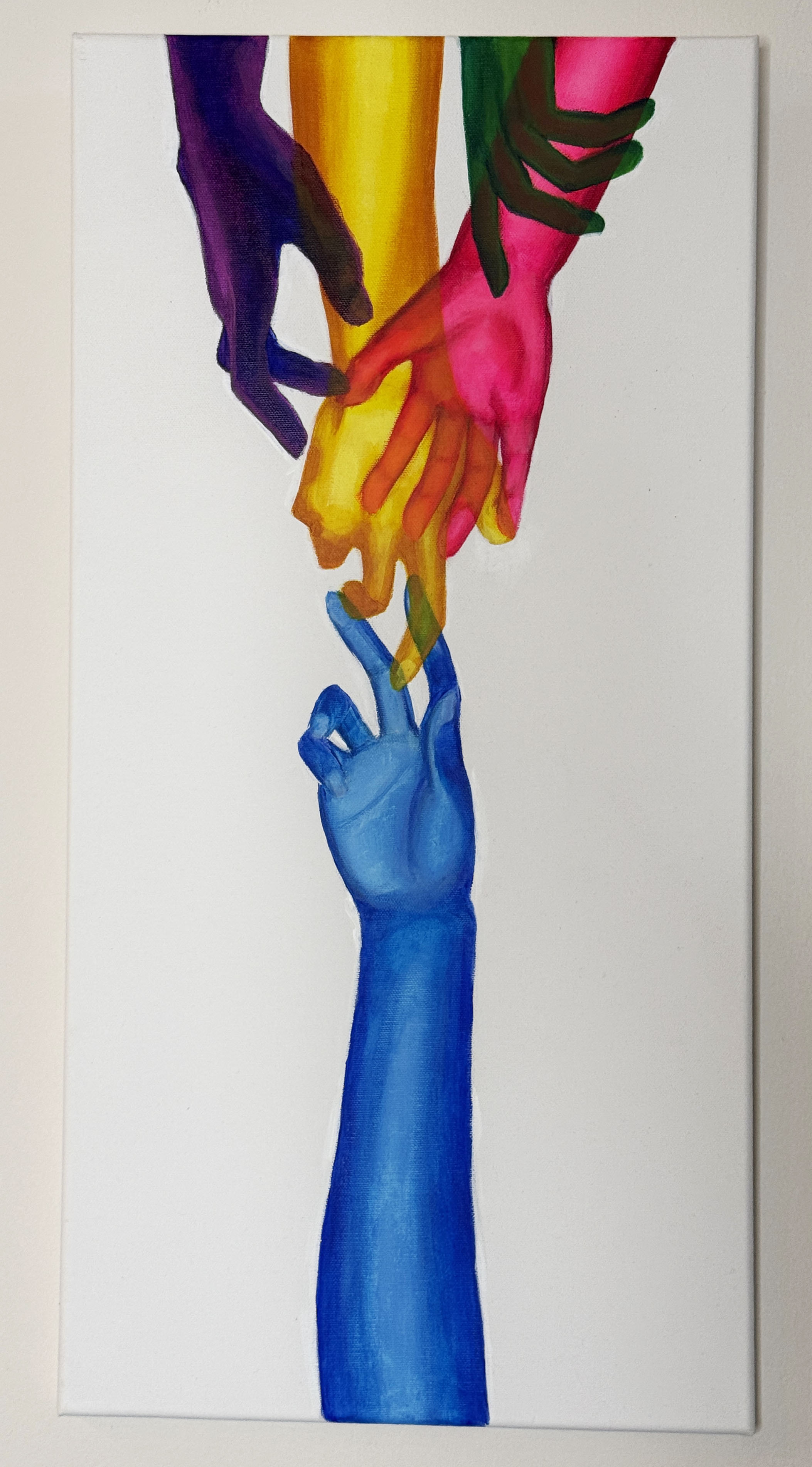 A painting of brightly colored hands reaching toward one another against a white background.