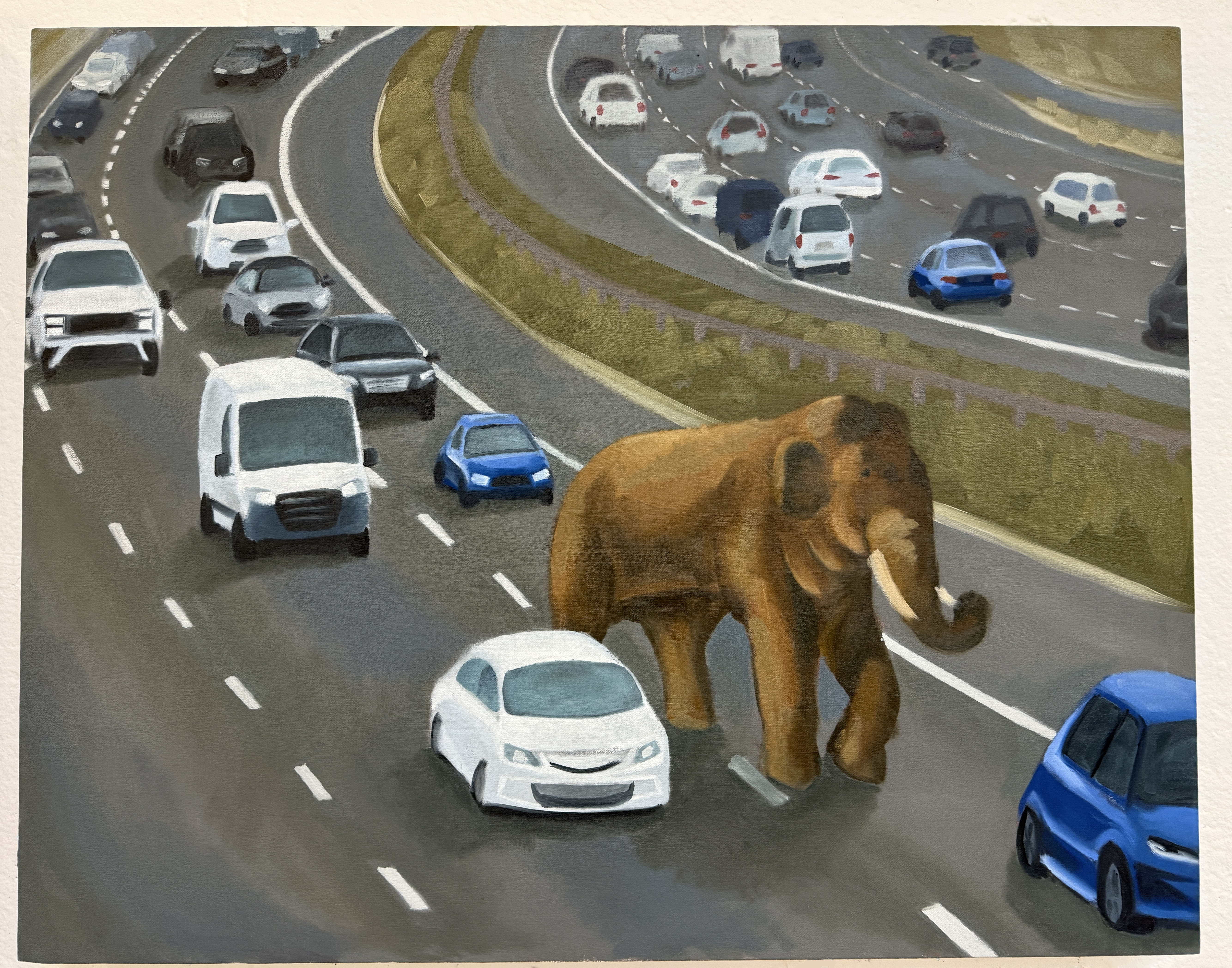 A painting depicting an Elephant on a highway surrounded by cars