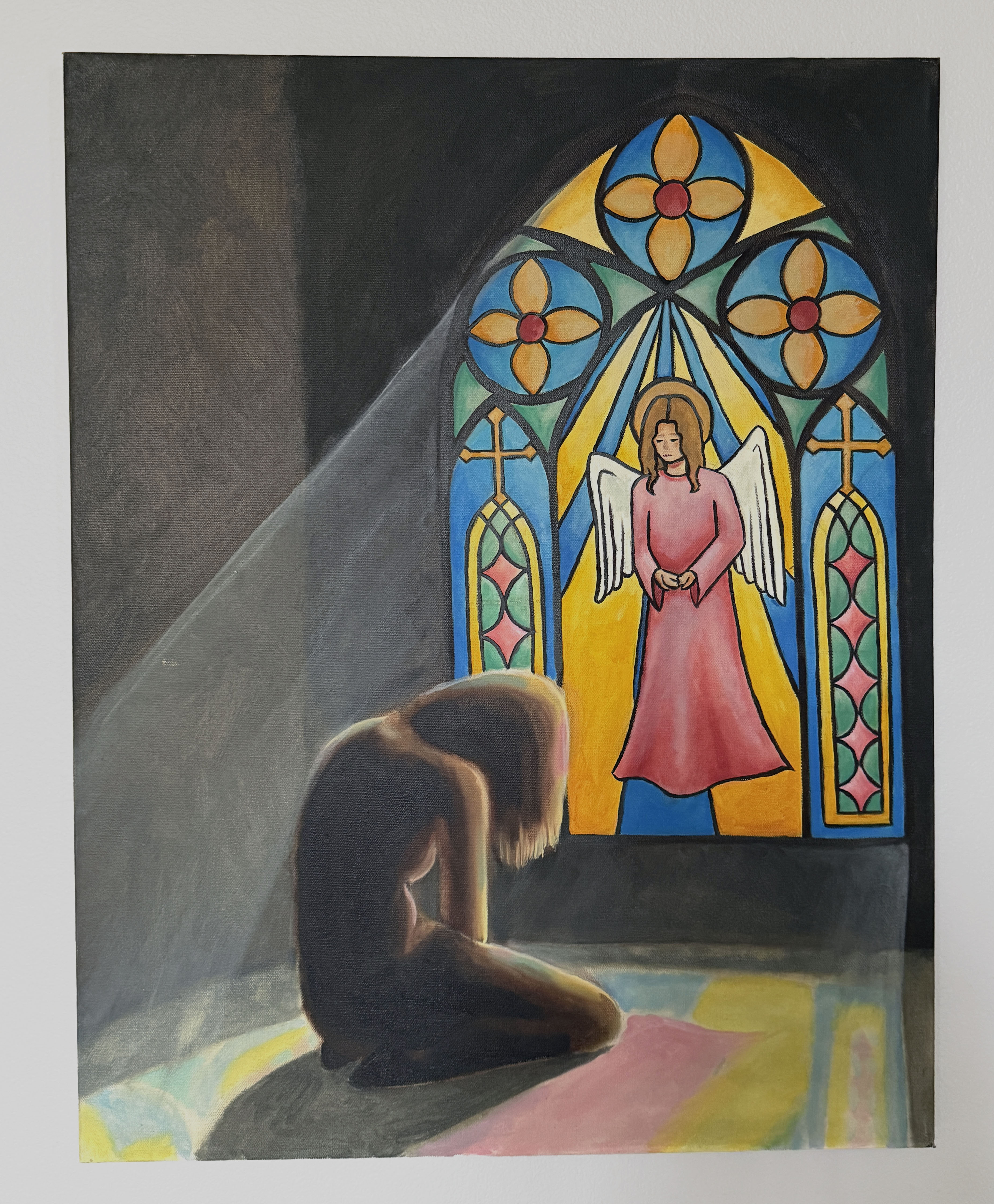 A painting of a kneeling in front of a stained-glass window depicting an angel.