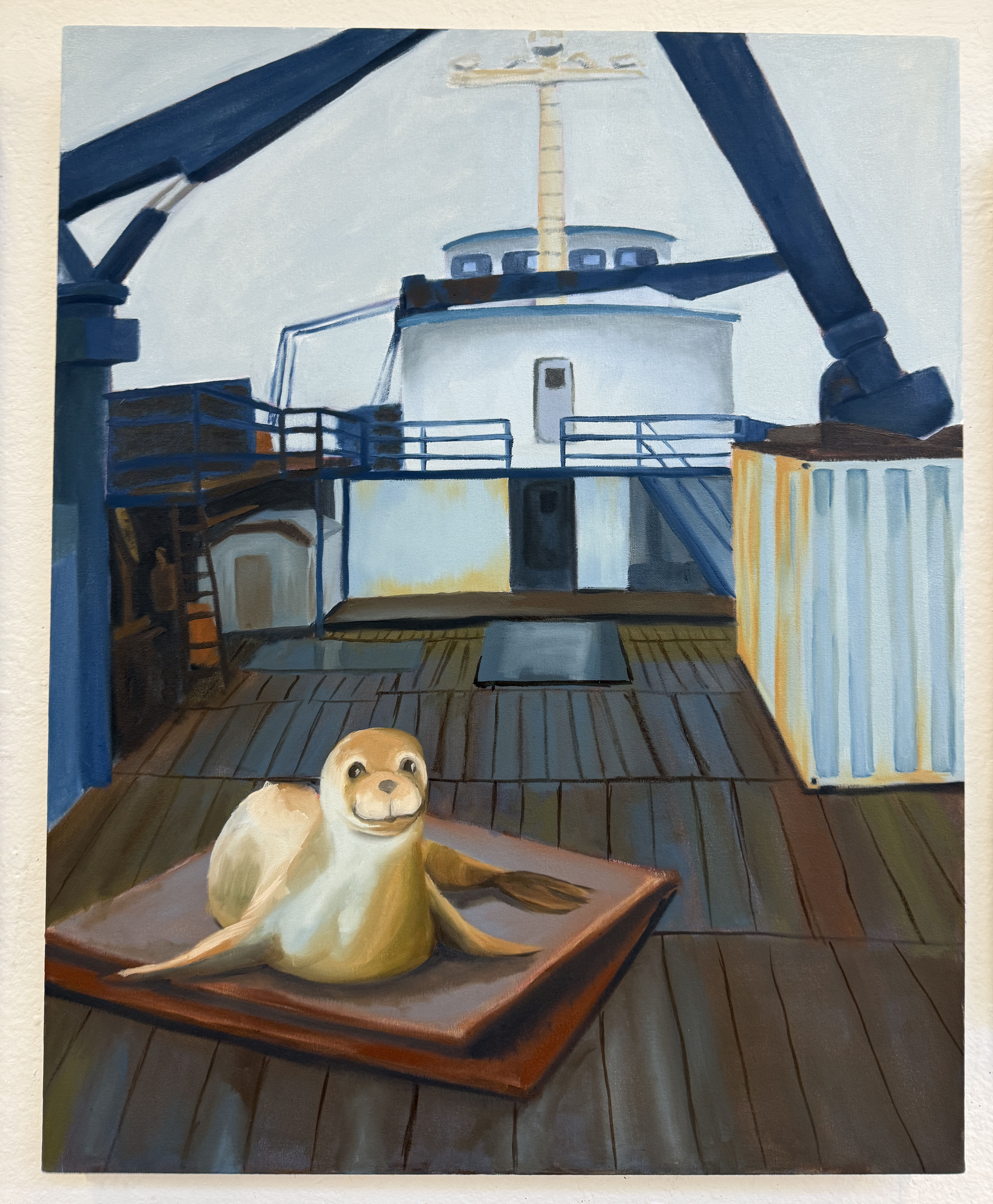 A painting of a seal sitting on the deck of a fishing boat