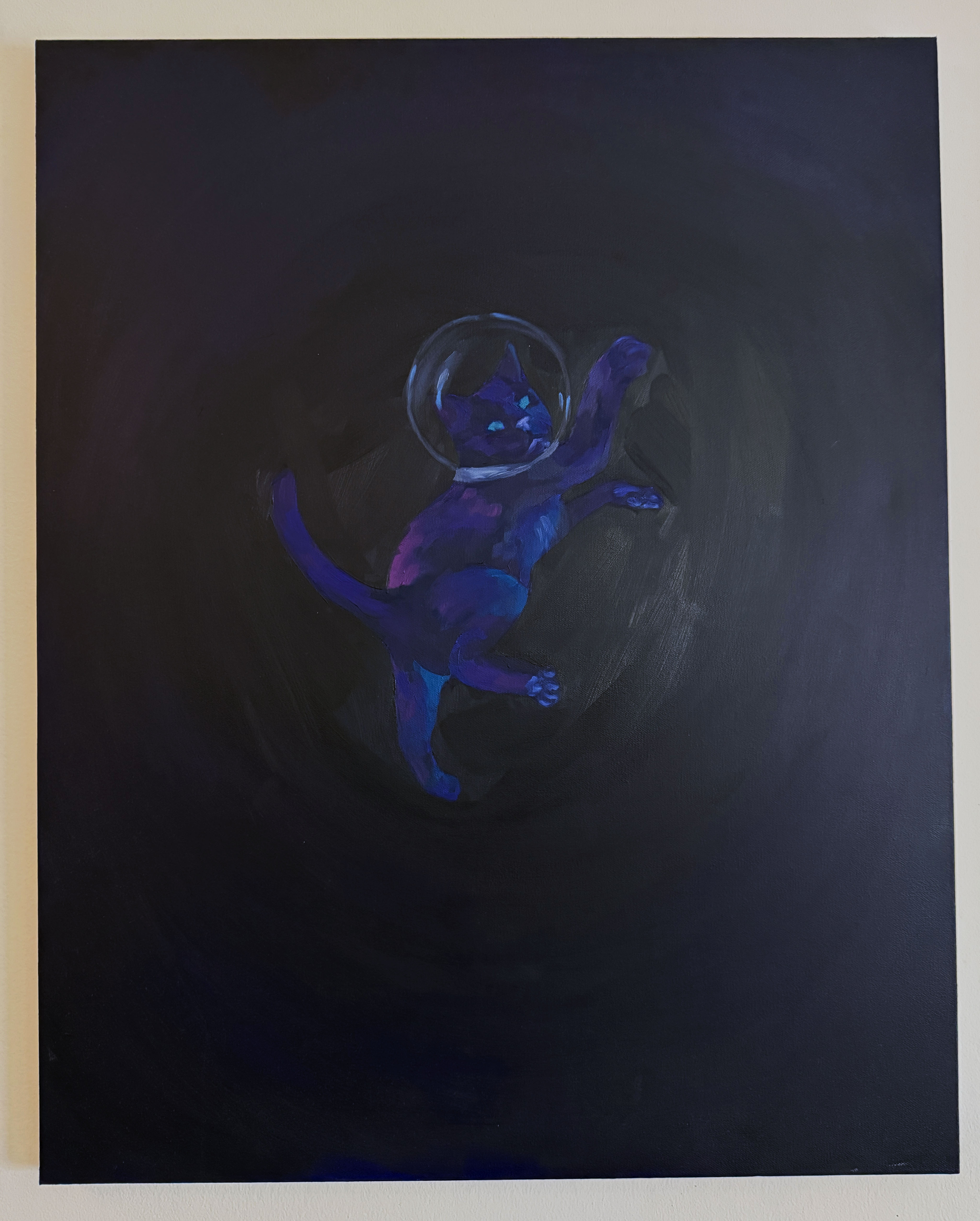 A dark painting of a black cat floating in space illuminated by blue, teal, and purple light.