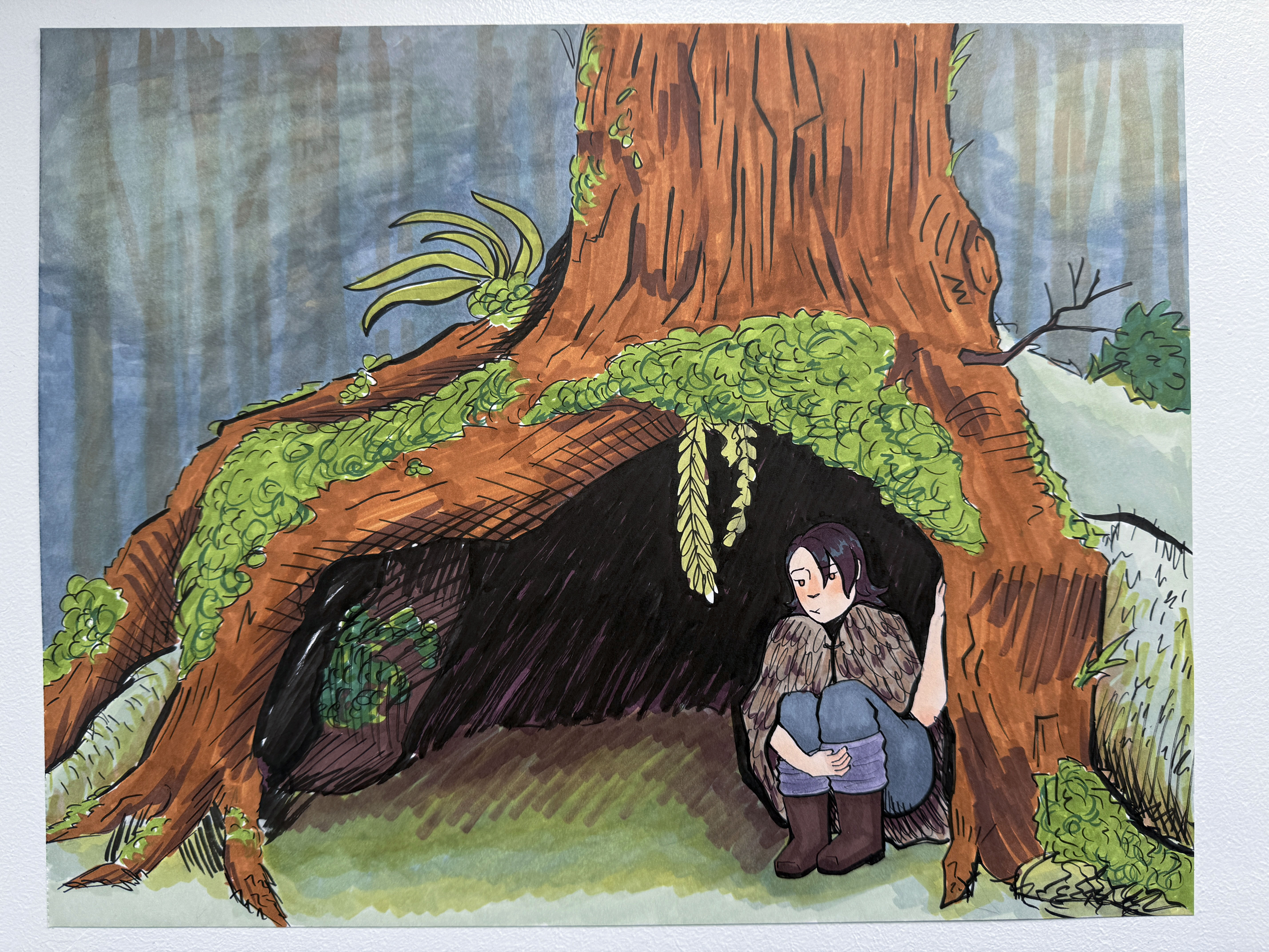 A wolf inspired character sitting inside a hollow tree den in a forest.