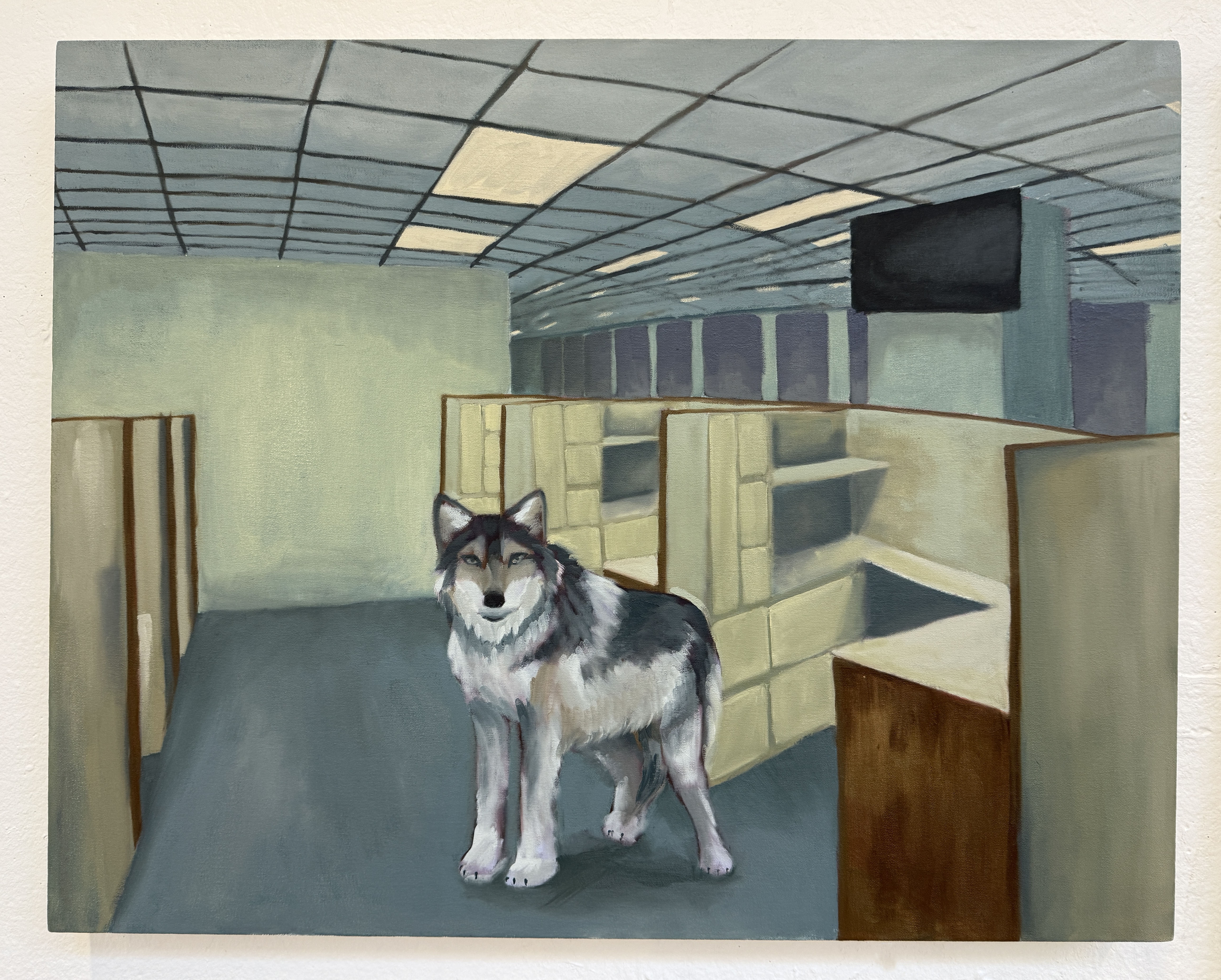 A painting of a wolf standing in an empty office with cubicles and fluorescent ceiling lights.